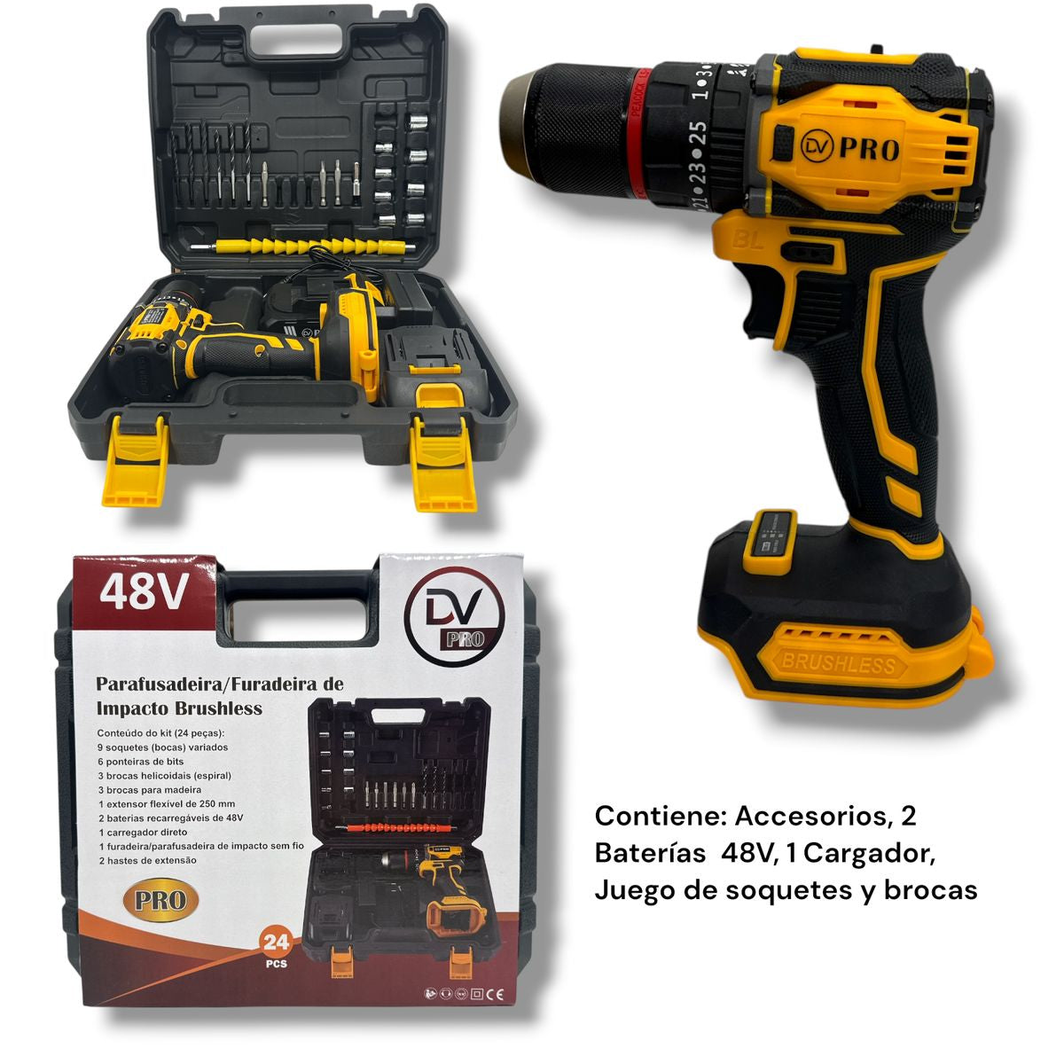 Taladro Atornillador de Impacto Brushless DV-PRO DV-6007B 48V Kit Completo