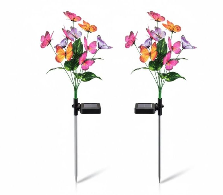 Estaca solar LED decorativa con flores mariposa para jardín